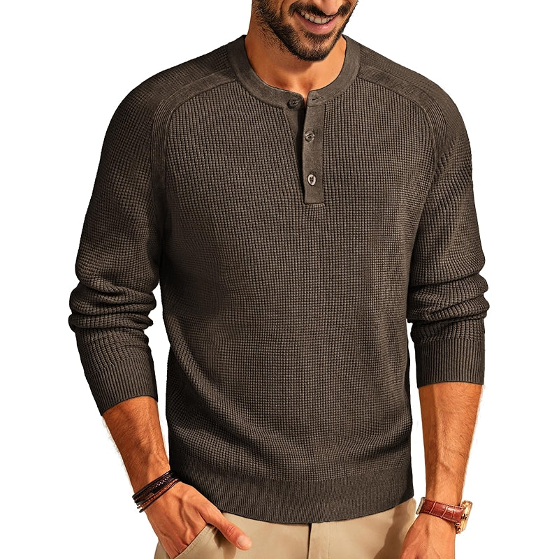 Henley Sweater Waffle Crewneck Pullover