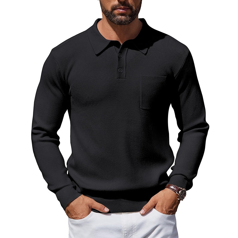 Long Sleeve Polo Sweater Knit Casual Thermal Pullover With Pocket