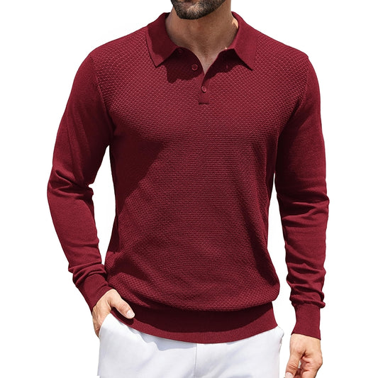 Knit Polo Sweater Long Sleeve Casual Collared Quarter Button