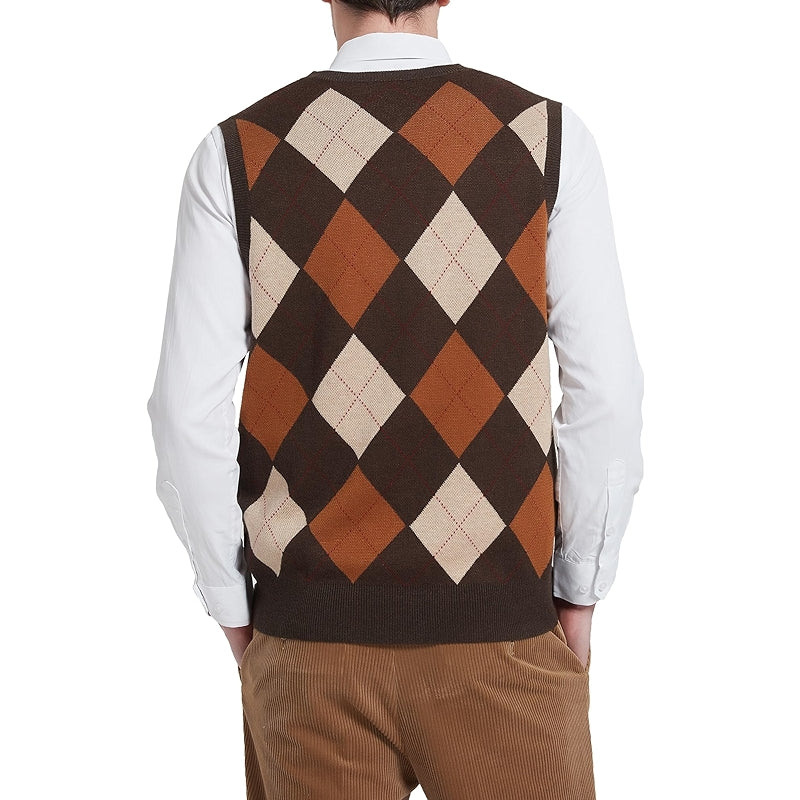 Argyle Vest Sweater Wool Blend V Neck Sleeveless Pullover