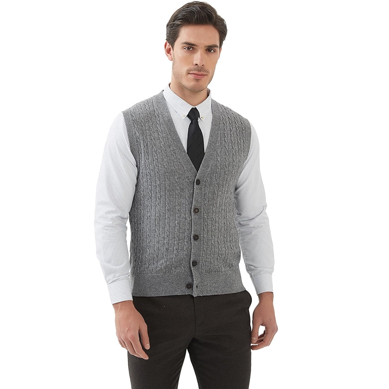 Cable Knit Sweater Vest Wool Blend V Neck Button Down Sleeveless