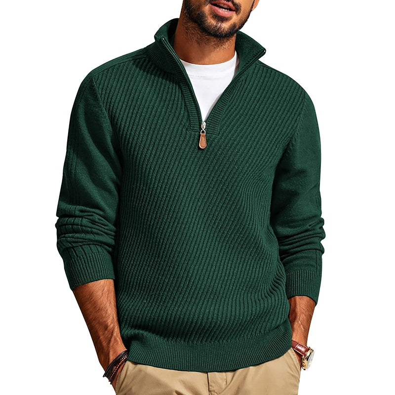 Quarter Zip Pullover Sweater Casual Slim Fit Knit Texture