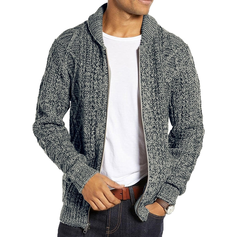 Shawl Neck Cardigan Sweater Cable Knit Zip Up With Pockets