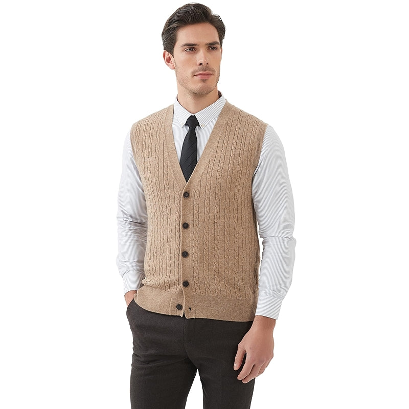 Cable Knit Sweater Vest Wool Blend V Neck Button Down Sleeveless