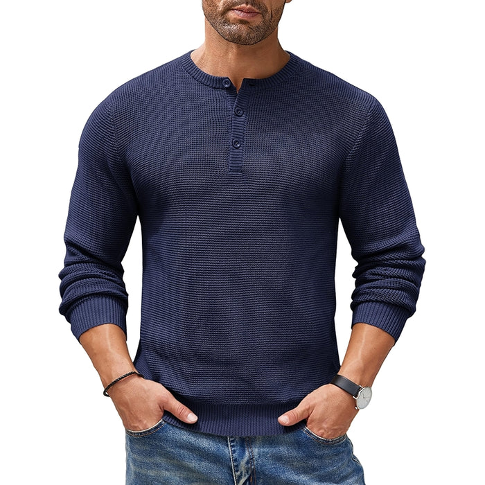 Henley Knit Sweater Long Sleeve Button Pullover Casual