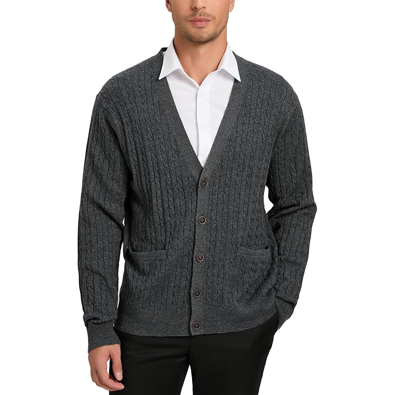 Kallspin Cardigan Sweater Wool Blend Cable Knit V Neck Buttons