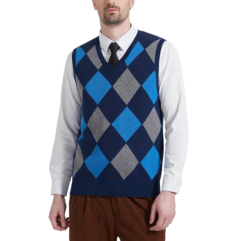 Argyle Vest Sweater Wool Blend V Neck Sleeveless Pullover