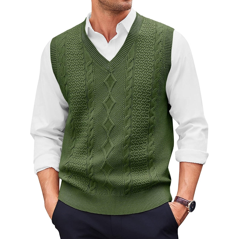 Casual V Neck Sweater Vest Cable Knitted Pullover Knitwear