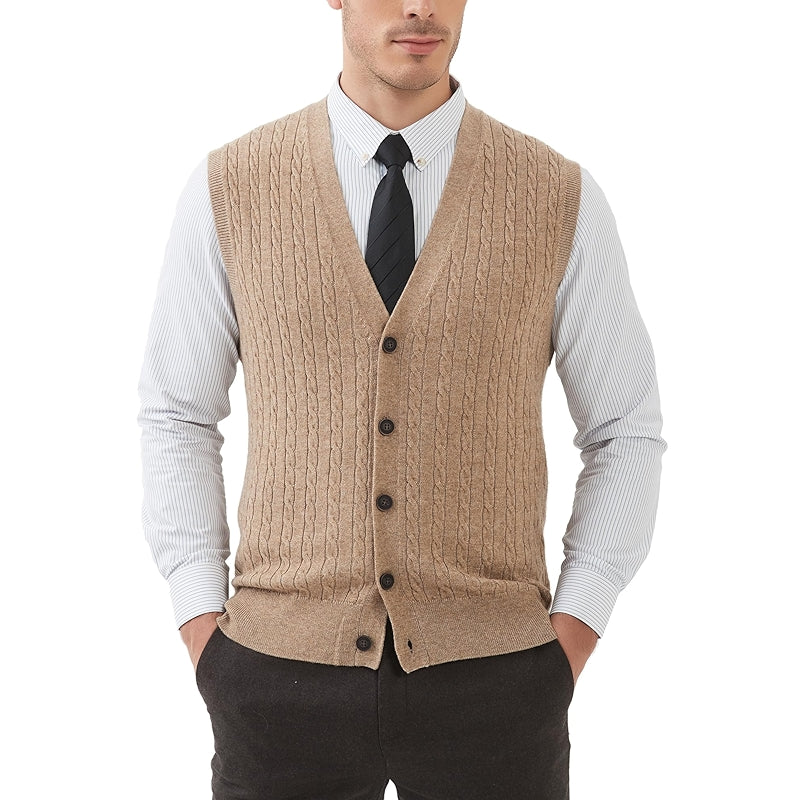 Cable Knit Sweater Vest Wool Blend V Neck Button Down Sleeveless