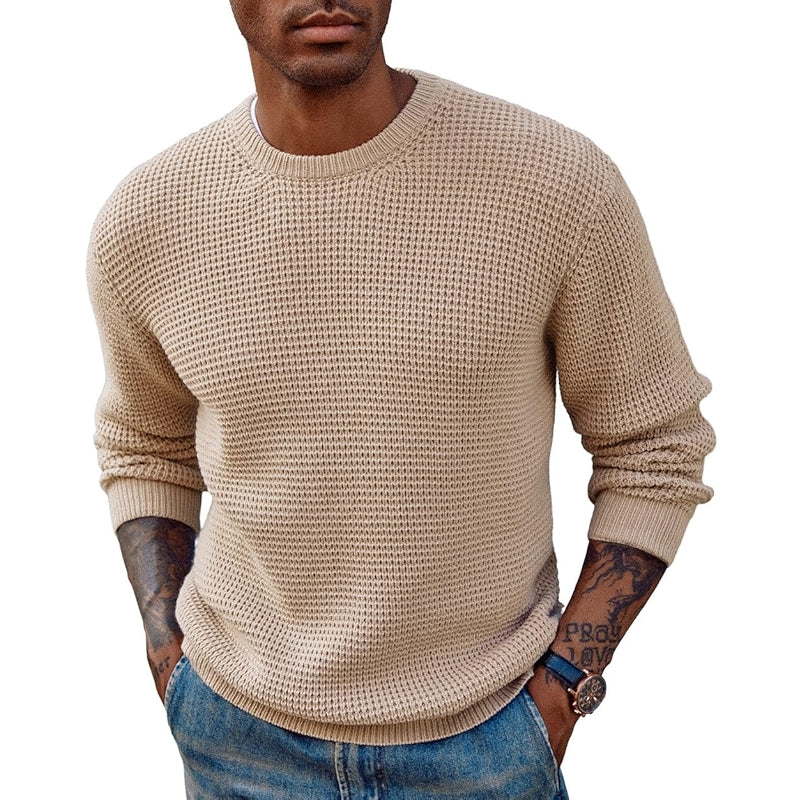 Crewneck Pullover Sweater Waffle Textured Long Sleeve