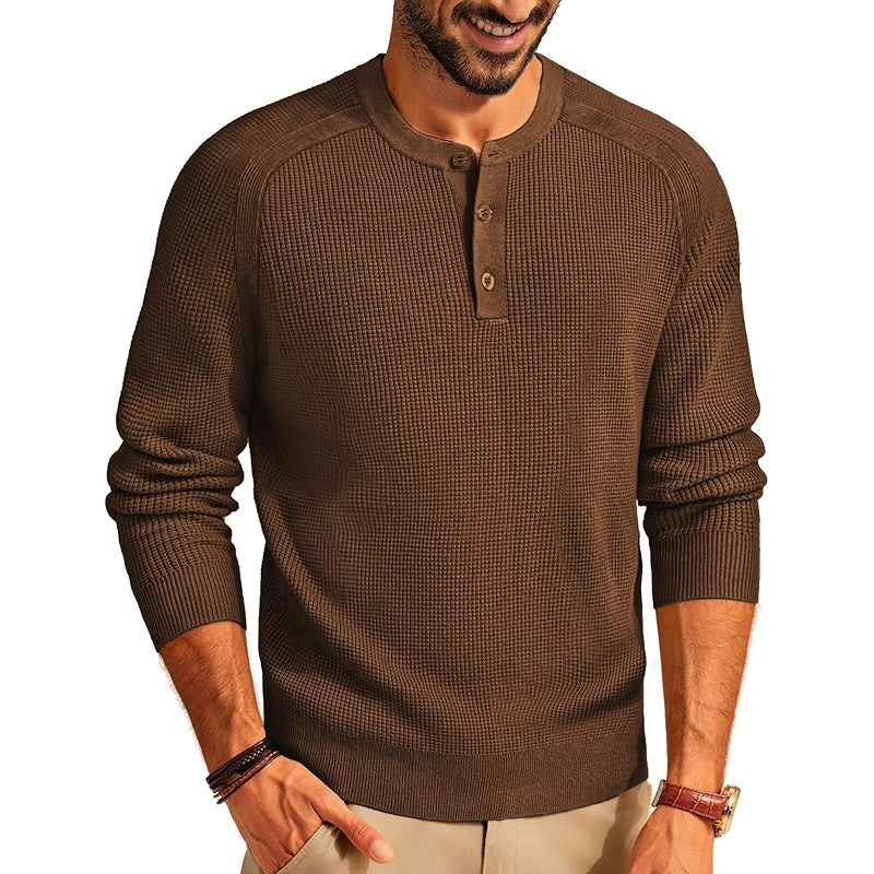 Henley Sweater Waffle Crewneck Pullover