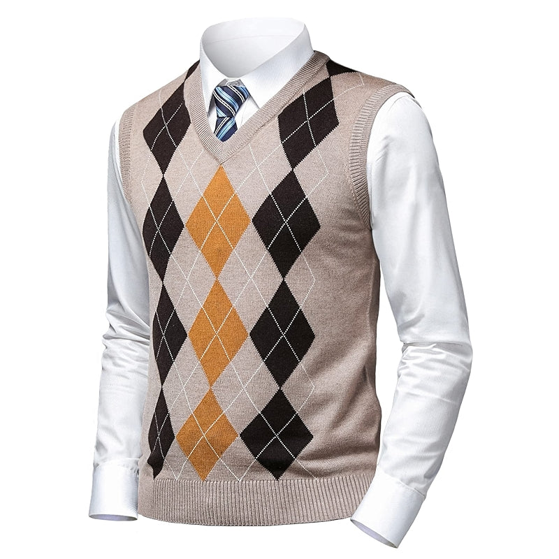 Argyle Sweater Vest Classic V Neck Sleeveless Pullover Knitwear