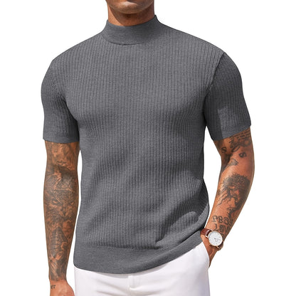 Ribbed Knit High Collar Short Sleeve Tee