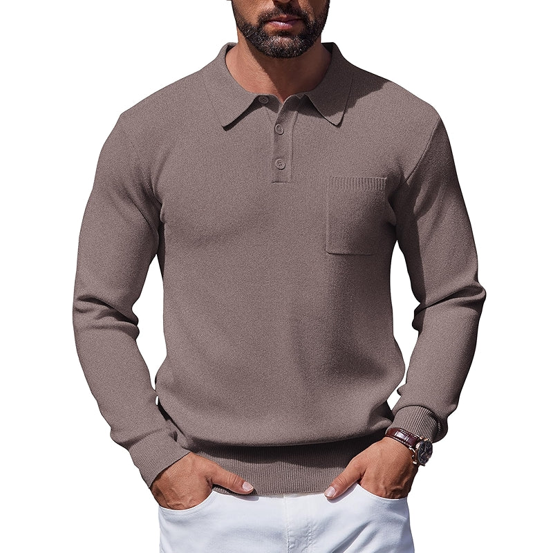 Long Sleeve Polo Sweater Knit Casual Thermal Pullover With Pocket