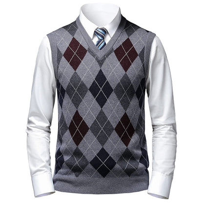 Thick Argyle Sweater Vest Classic V Neck Knitwear Sleeveless Pullover