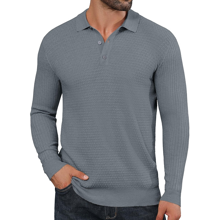 Long Sleeve Polo Sweater Waffle Textured Casual Knit Pullover