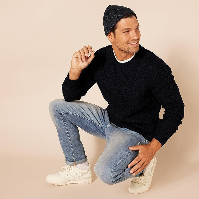 Long Sleeve Cotton Fisherman Cable Crewneck Sweater