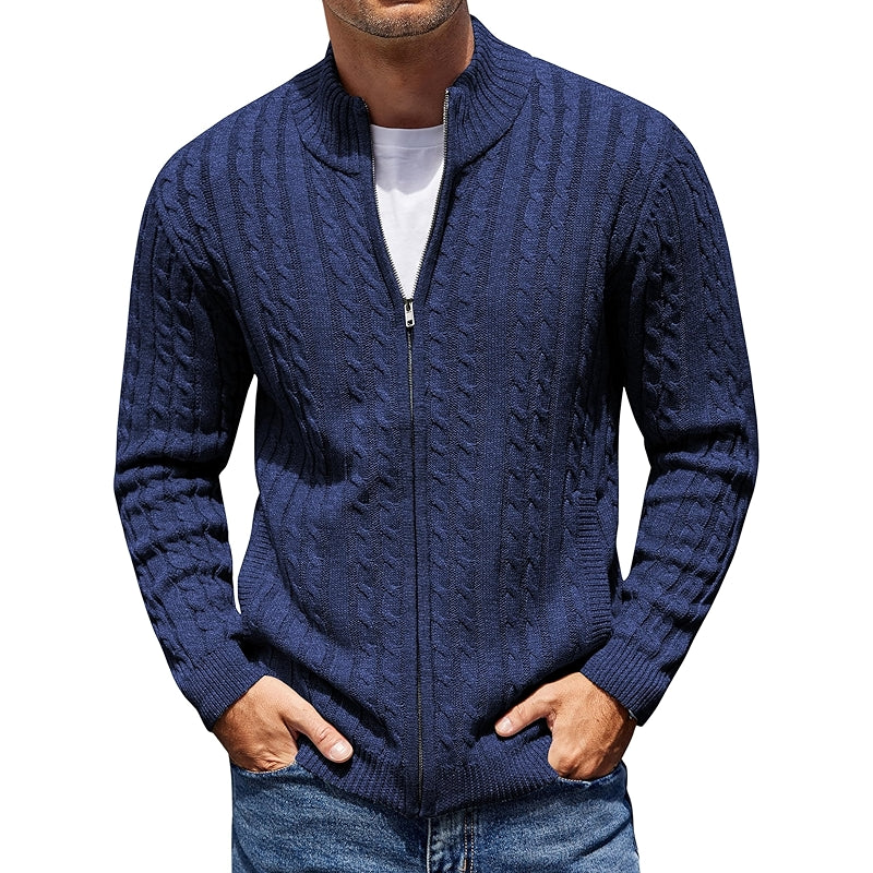 Full Zip Cardigan Sweater Slim Fit Cable Knit With Pockets