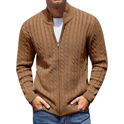 Full Zip Cardigan Sweater Slim Fit Cable Knit With Pockets