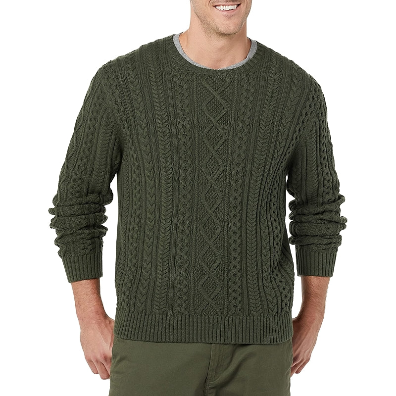 Long Sleeve Cotton Fisherman Cable Crewneck Sweater