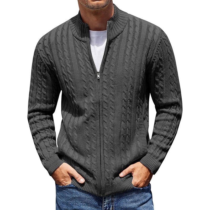 Full Zip Cardigan Sweater Slim Fit Cable Knit With Pockets