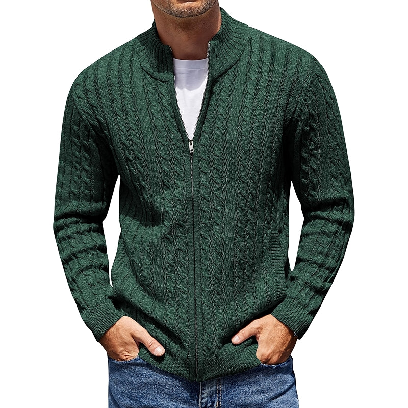 Full Zip Cardigan Sweater Slim Fit Cable Knit With Pockets