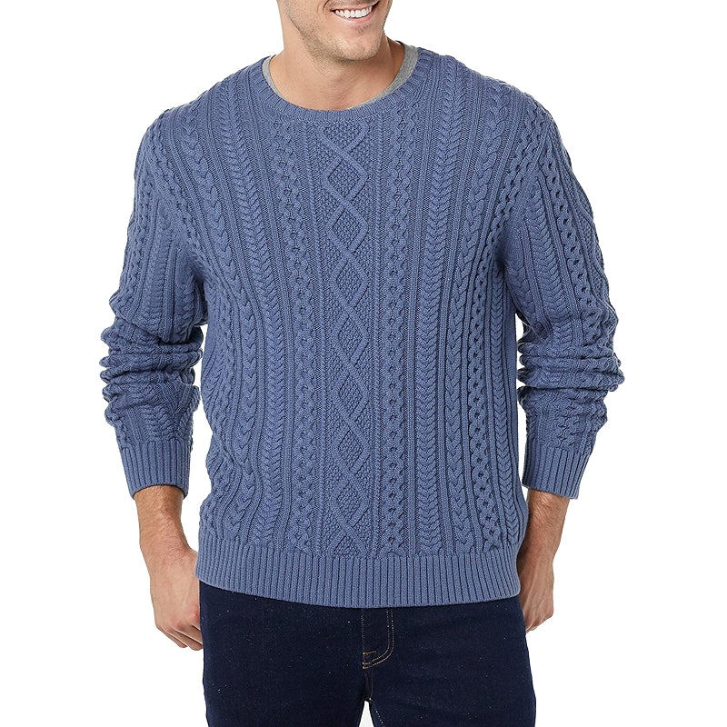 Long Sleeve Cotton Fisherman Cable Crewneck Sweater