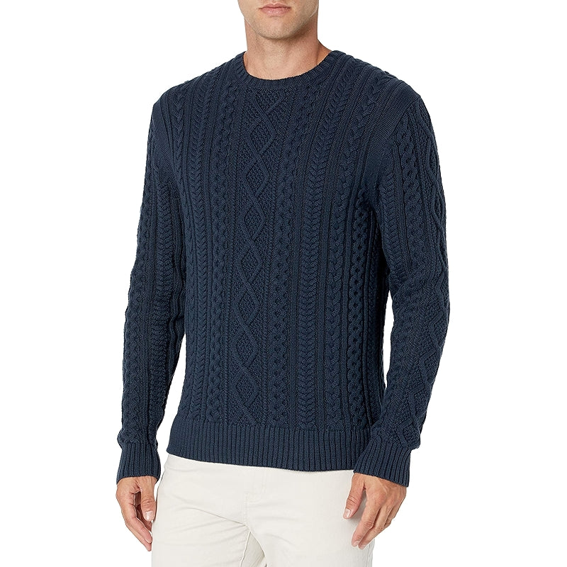 Long Sleeve Cotton Fisherman Cable Crewneck Sweater