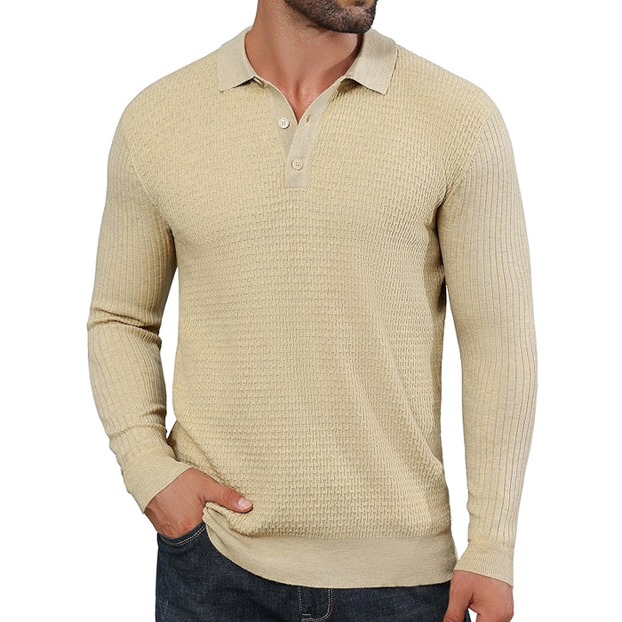 Long Sleeve Polo Sweater Waffle Textured Casual Knit Pullover