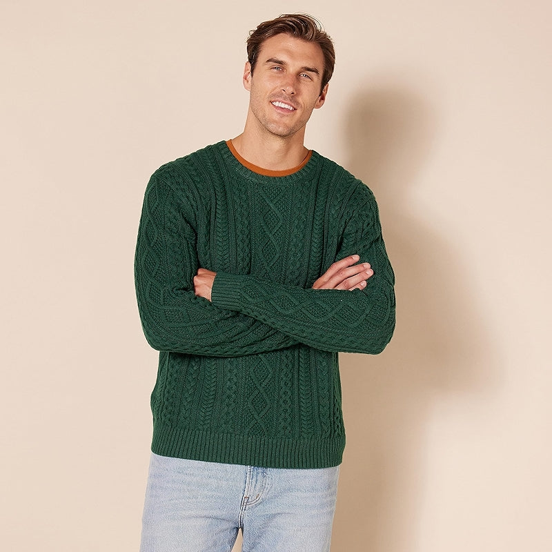 Long Sleeve Cotton Fisherman Cable Crewneck Sweater