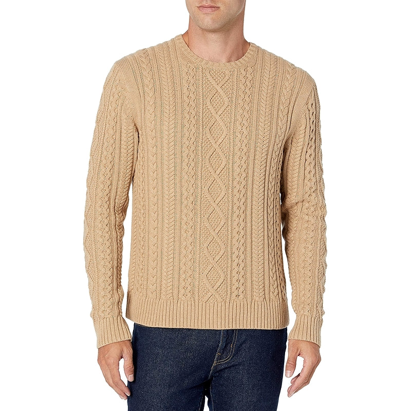 Long Sleeve Cotton Fisherman Cable Crewneck Sweater