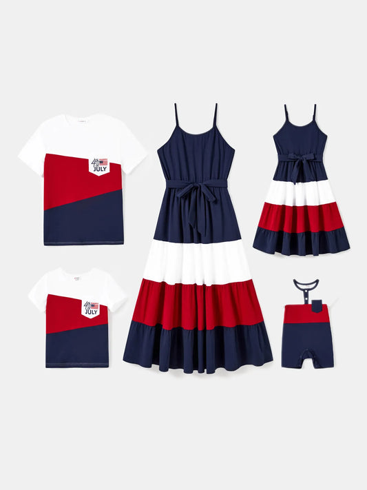 Coordinated Tees And Belted A Line Ruffle Hem Dress Family Matching Set