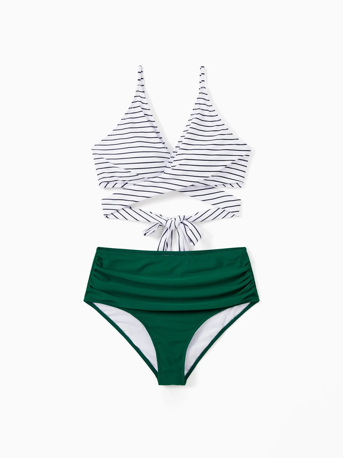 Family Matching Drawstring Trunks And Striped Cross Front Two Piece Swim Set