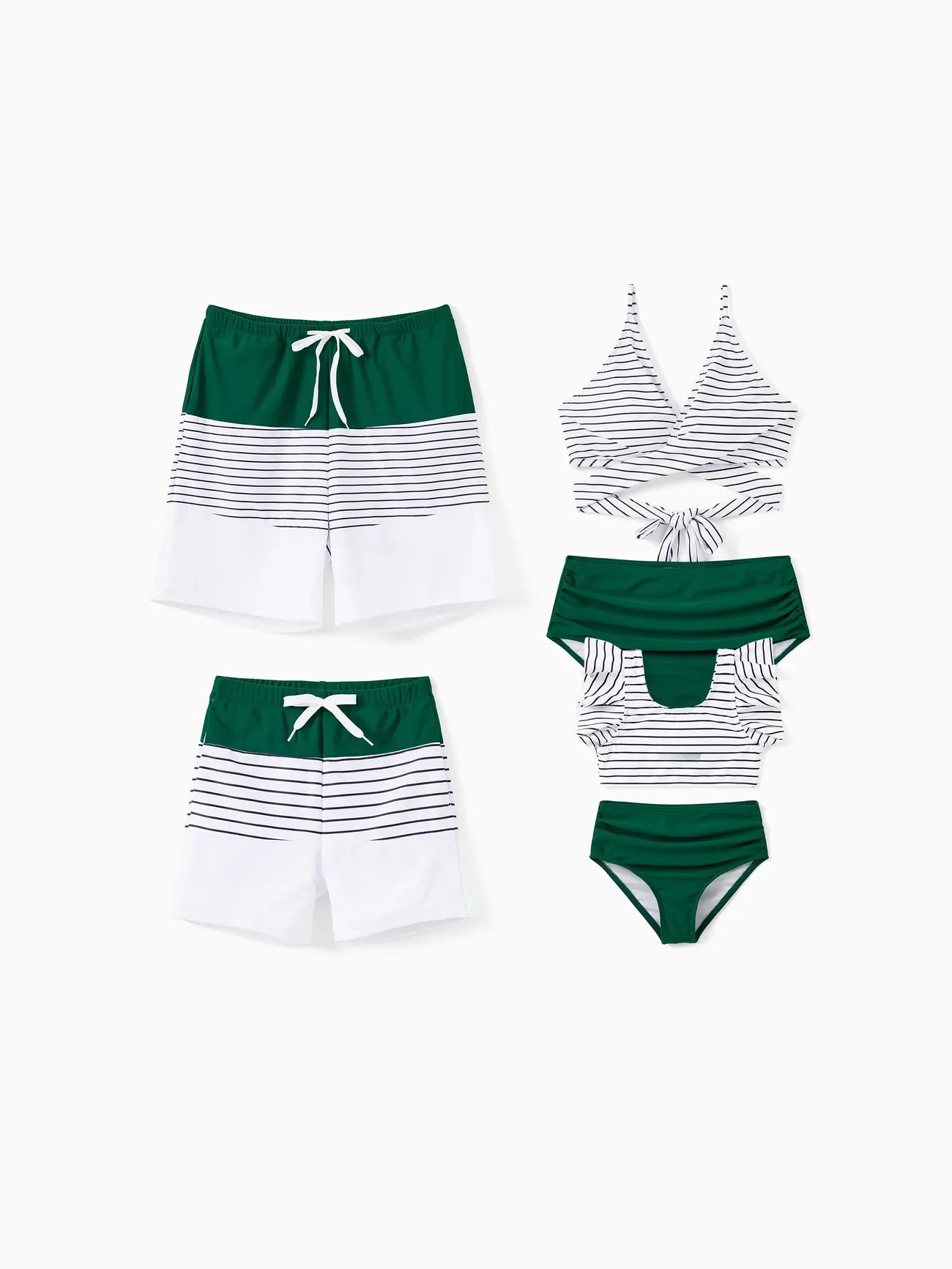 Family Matching Drawstring Trunks And Striped Cross Front Two Piece Swim Set