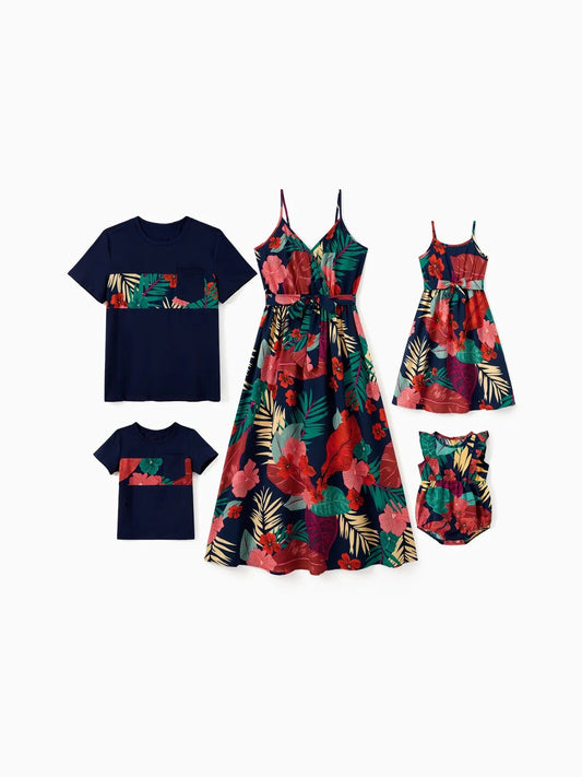 Family Matching Sets Floral Panel Black Tee And V Shape Strap Dress With Hidden Snap