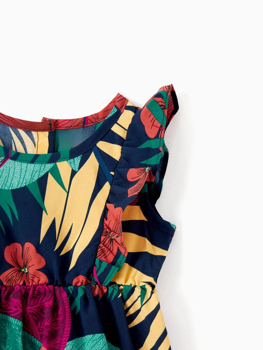 Family Matching Sets Floral Panel Black Tee And V Shape Strap Dress With Hidden Snap