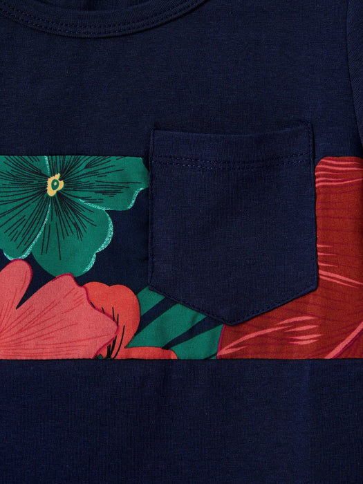Family Matching Sets Floral Panel Black Tee And V Shape Strap Dress With Hidden Snap