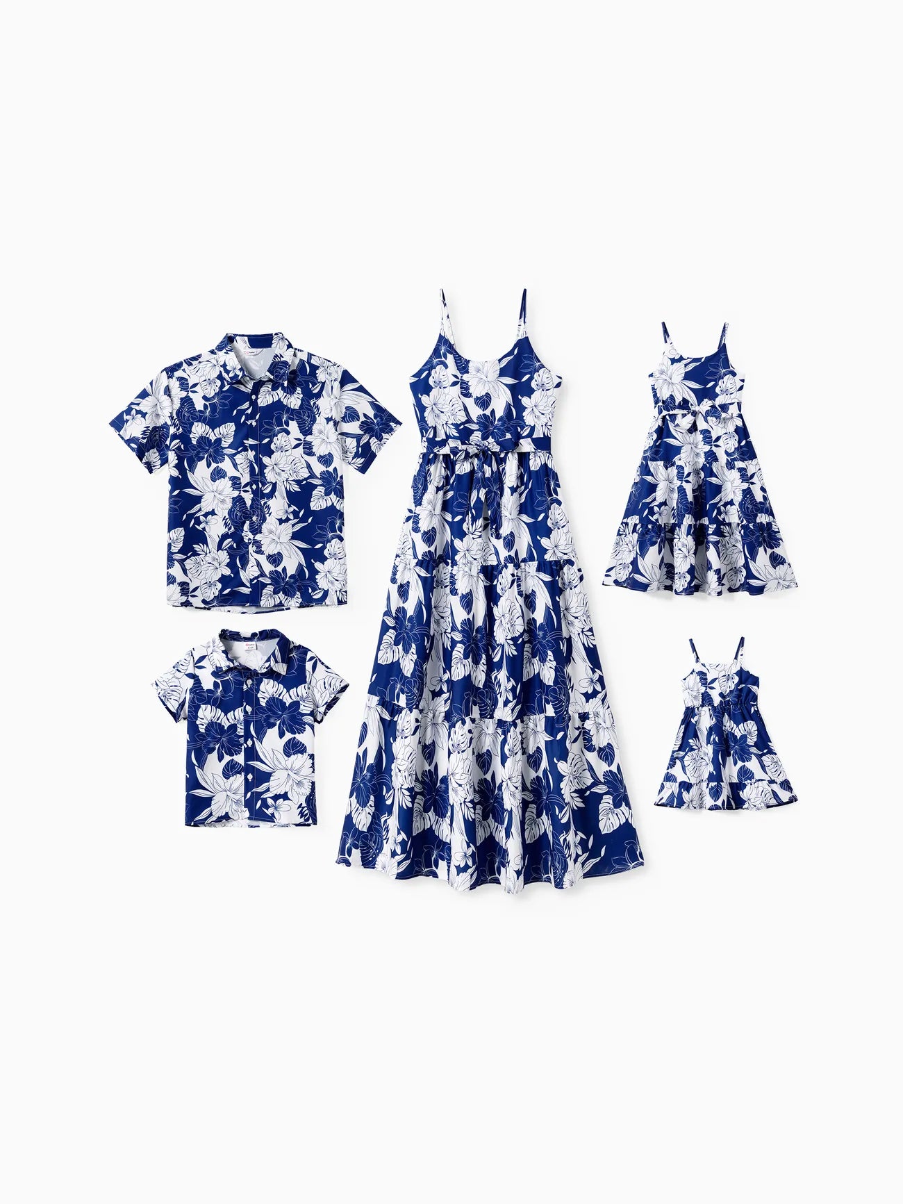 Floral Beach Shirt And A Line Ruffle Hem Strap Dress Family Matching Set