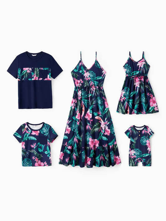 Floral Family Matching Tee And Ruffled Hem Floral Strap Dress Set