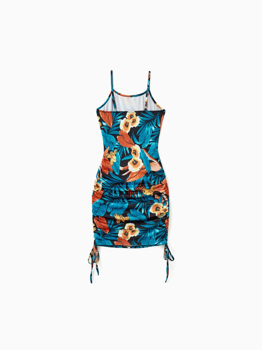 Floral Ruched Dress With Drawstring Side Straps Family Matching Set