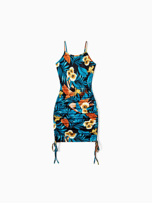 Floral Ruched Dress With Drawstring Side Straps Family Matching Set