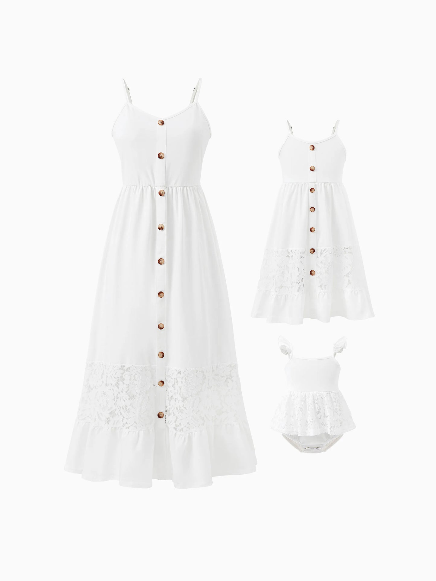 Family Matching Set Mommy And Me Button Up Dress With White Lace Ruffle Hem