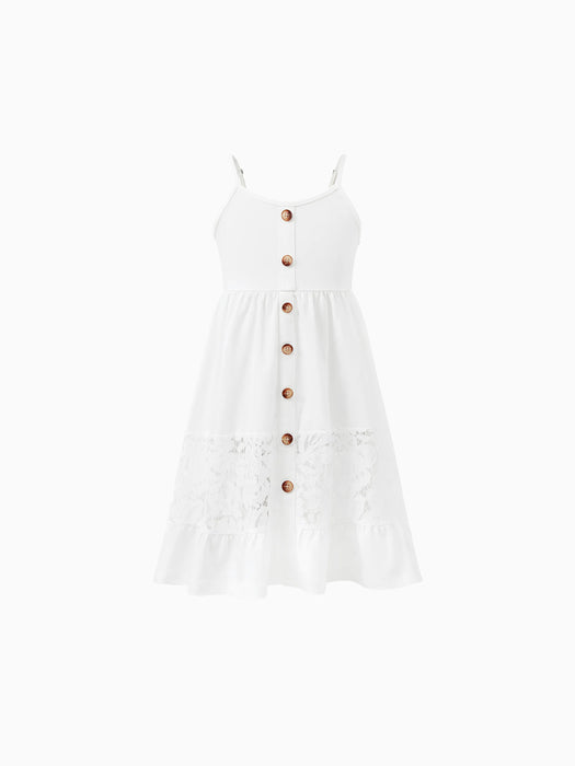 Family Matching Set Mommy And Me Button Up Dress With White Lace Ruffle Hem