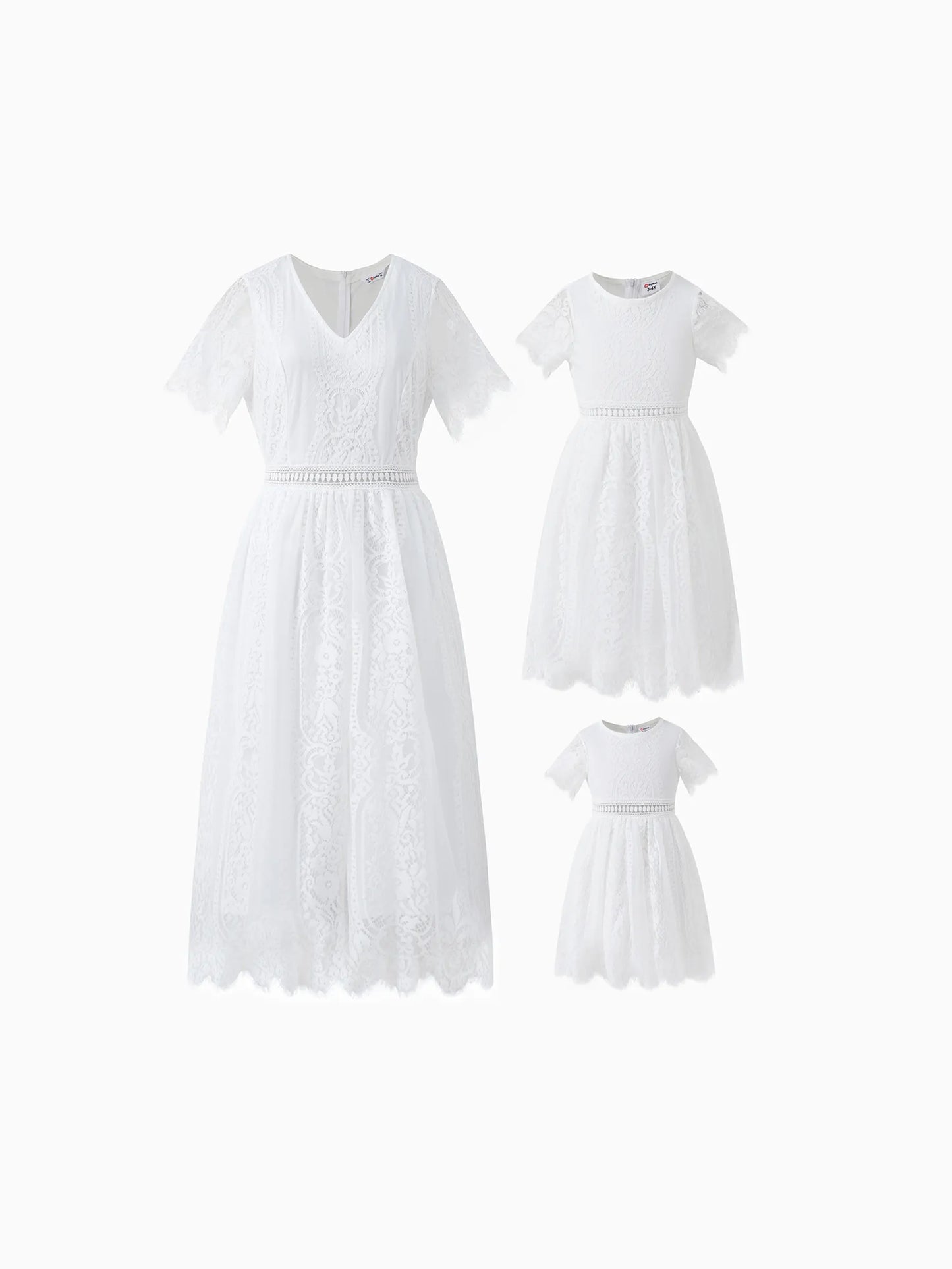 Family Matching Set Mommy And Me Button Up Dress With White Lace Ruffle Hem