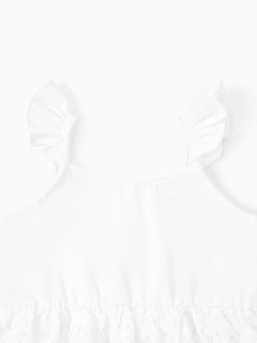 Family Matching Set Mommy And Me Button Up Dress With White Lace Ruffle Hem