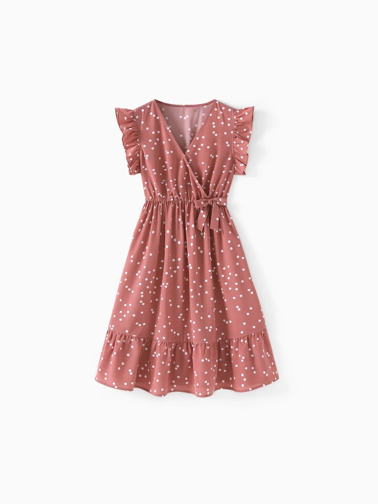 Pink Dotted Cross Wrap V Shape Sleeve Dress For Mom And Me