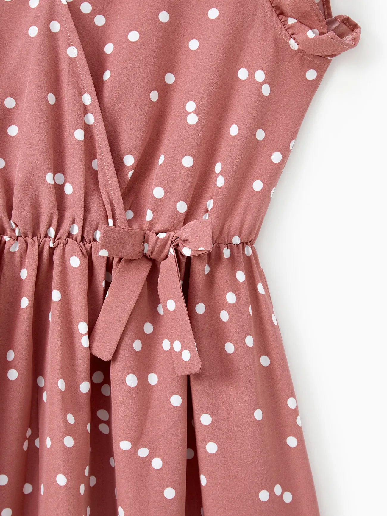 Pink Dotted Cross Wrap V Shape Sleeve Dress For Mom And Me