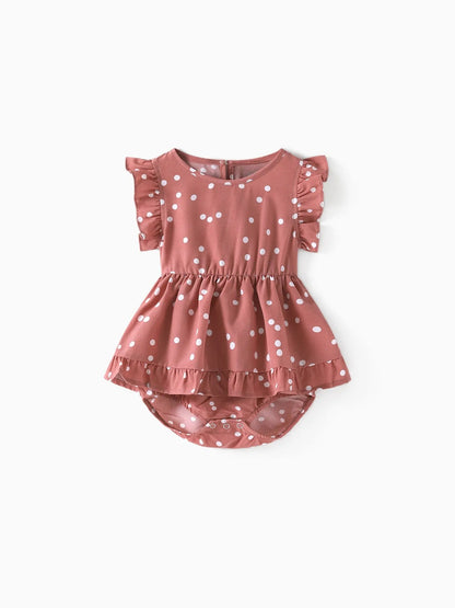 Pink Dotted Cross Wrap V Shape Sleeve Dress For Mom And Me