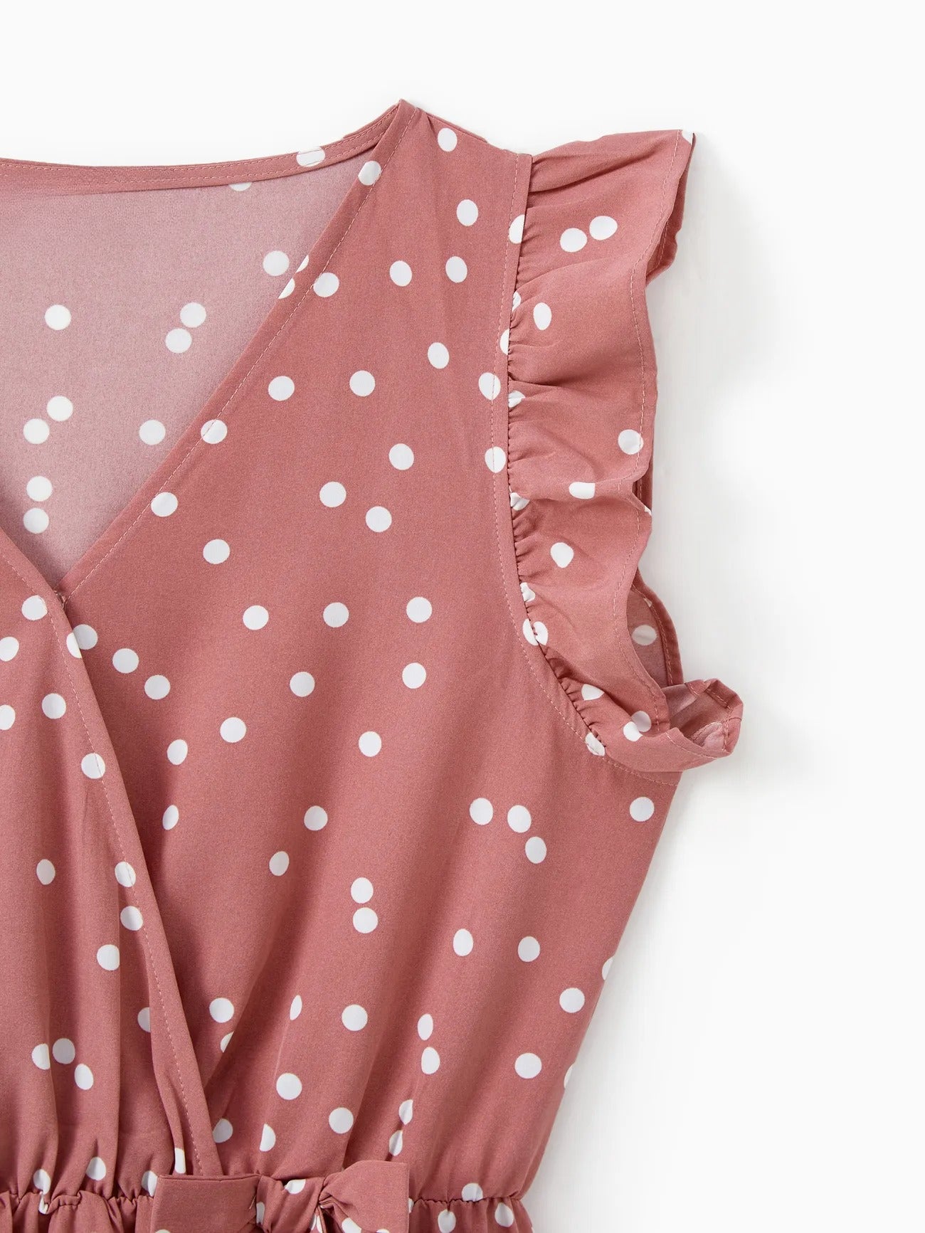 Pink Dotted Cross Wrap V Shape Sleeve Dress For Mom And Me