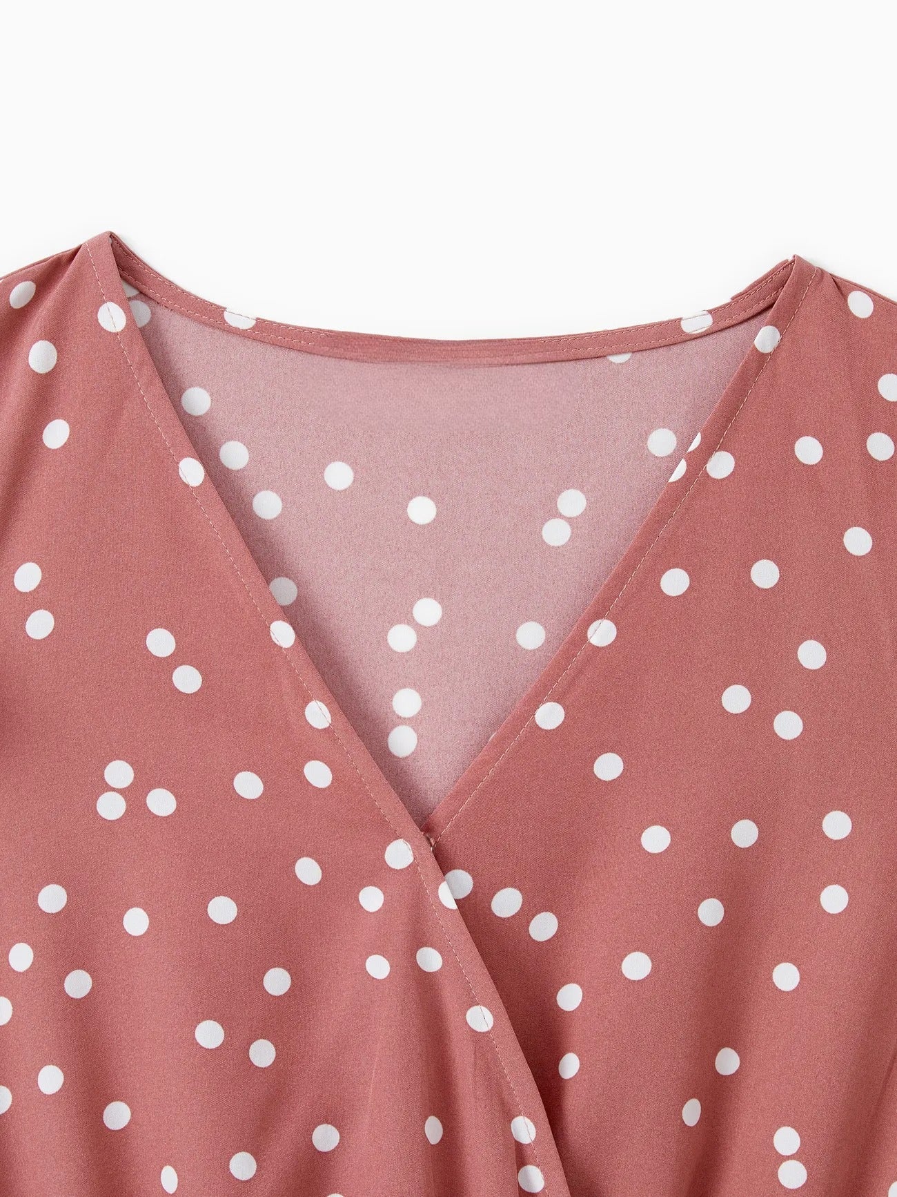 Pink Dotted Cross Wrap V Shape Sleeve Dress For Mom And Me